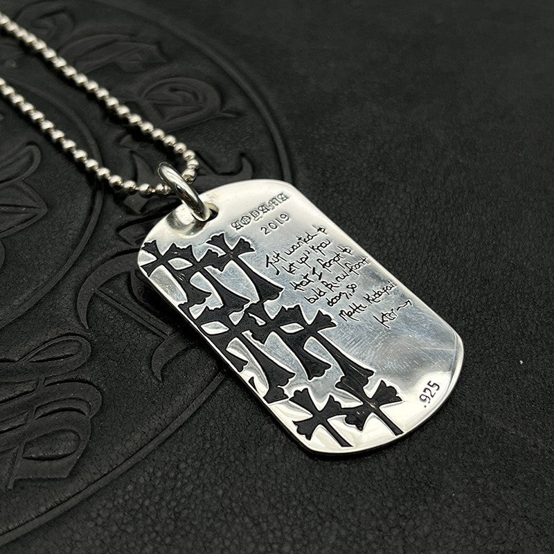 朋克嘻哈泰銀復古多十字架吊牌項鍊軍牌銘牌毛衣鏈高級感秋冬
