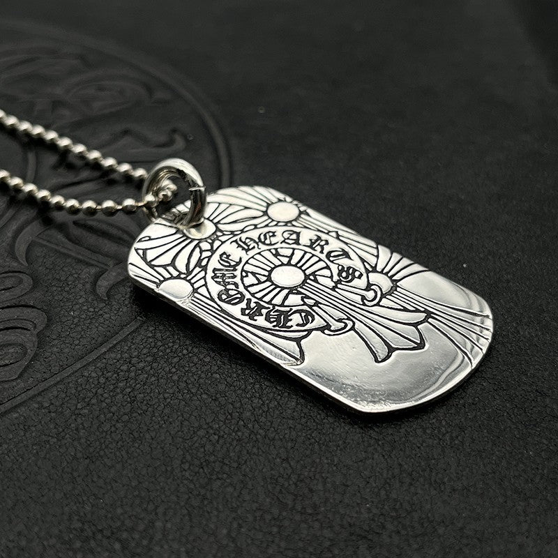 潮款泰銀復古火焰吊牌項鍊軍牌銘牌馬蹄印毛衣鏈配飾
