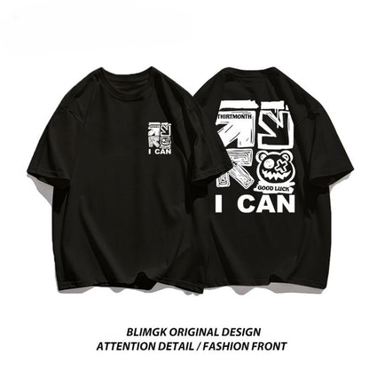 港風重磅夏季潮流塗鴉男士短袖T卹男女通用新款休閒設計百搭上衣