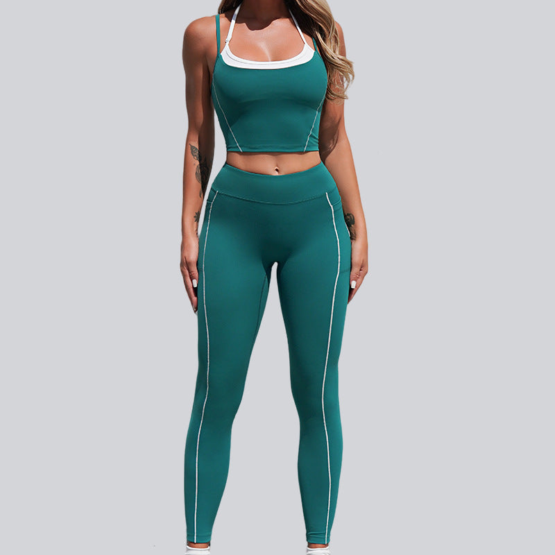 健身運動速乾百搭裸感吊帶掛脖美背瑜珈套裝兩件套