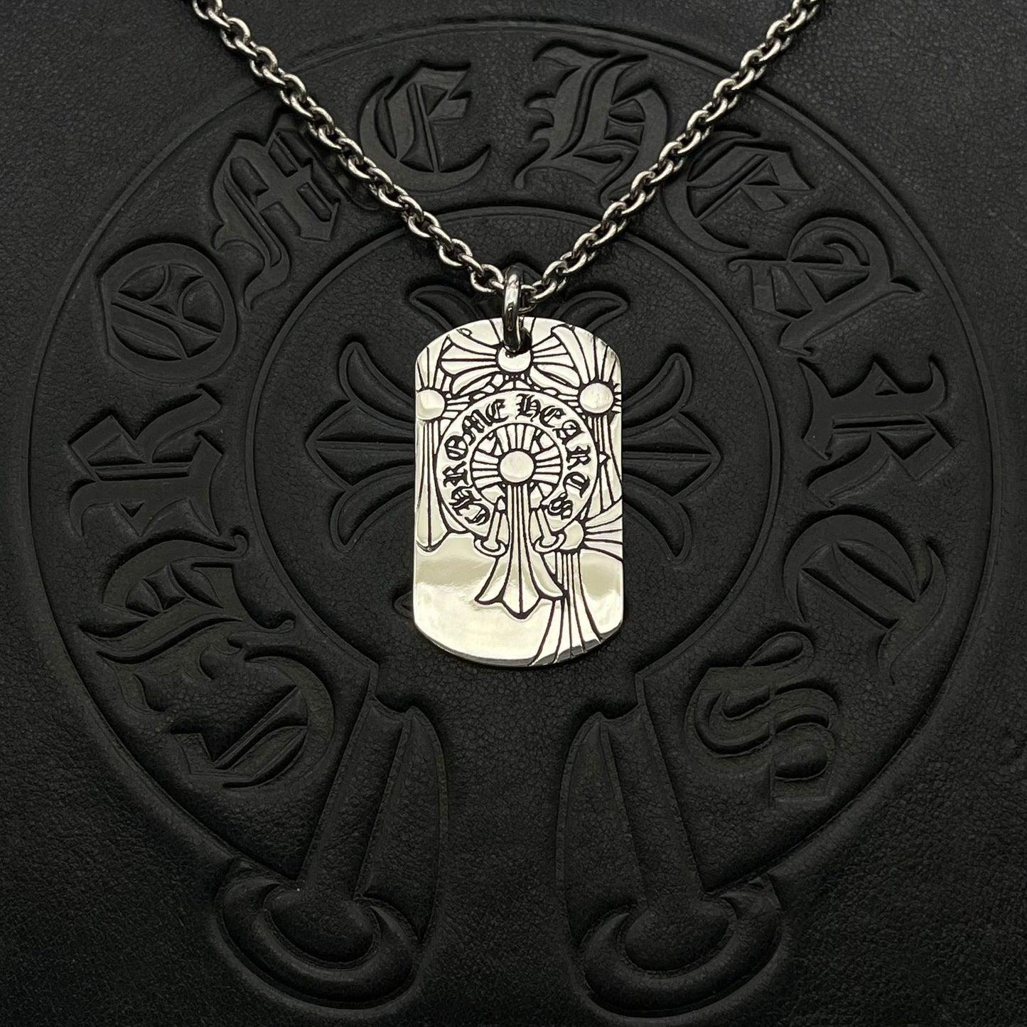 潮款泰銀復古火焰吊牌項鍊軍牌銘牌馬蹄印毛衣鏈配飾