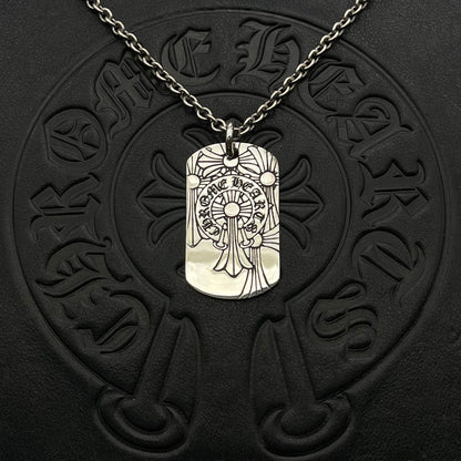 潮款泰銀復古火焰吊牌項鍊軍牌銘牌馬蹄印毛衣鏈配飾