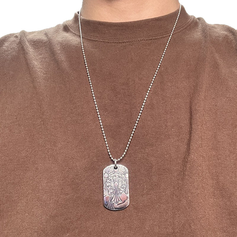 潮款泰銀復古火焰吊牌項鍊軍牌銘牌馬蹄印毛衣鏈配飾