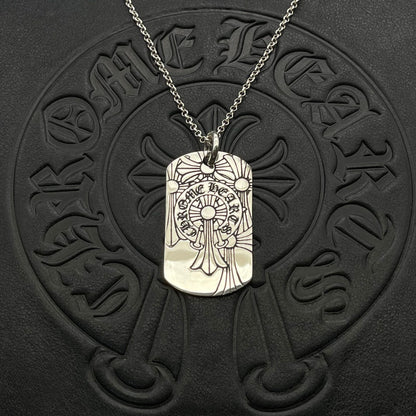 潮款泰銀復古火焰吊牌項鍊軍牌銘牌馬蹄印毛衣鏈配飾