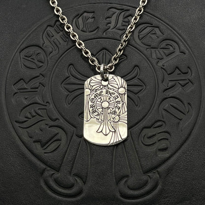 潮款泰銀復古火焰吊牌項鍊軍牌銘牌馬蹄印毛衣鏈配飾
