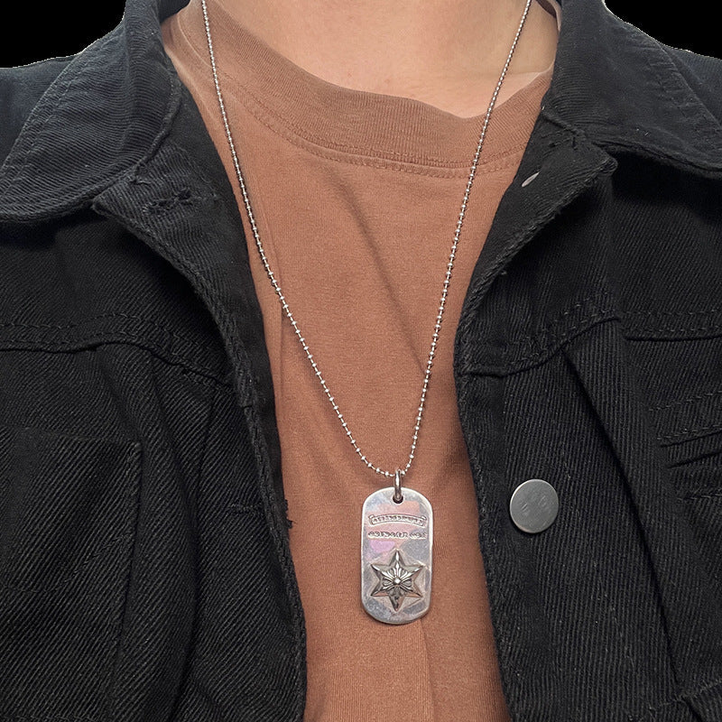 潮款泰銀復古吊牌六芒星項鍊銘牌軍牌藤蔓圖騰毛衣鏈