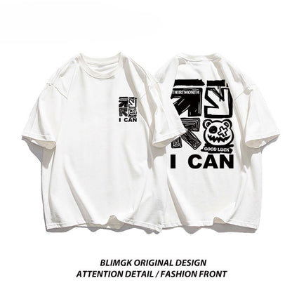 港風重磅夏季潮流塗鴉男士短袖T卹男女通用新款休閒設計百搭上衣