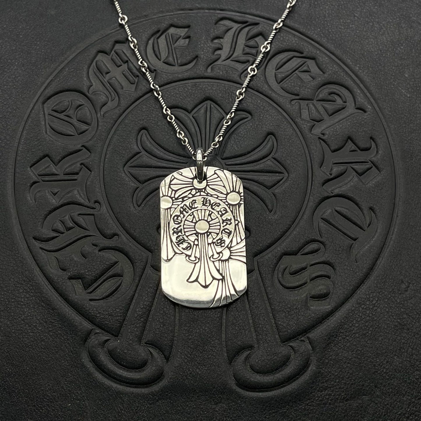 潮款泰銀復古火焰吊牌項鍊軍牌銘牌馬蹄印毛衣鏈配飾