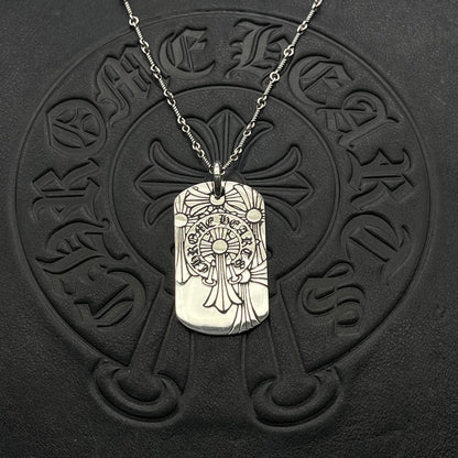 潮款泰銀復古火焰吊牌項鍊軍牌銘牌馬蹄印毛衣鏈配飾