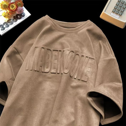 重磅麂皮絨t卹男短袖美式寬鬆壓印字母體卹夏季情侶潮牌半袖上衣