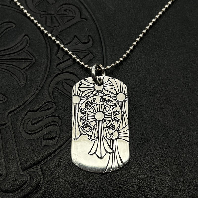 潮款泰銀復古火焰吊牌項鍊軍牌銘牌馬蹄印毛衣鏈配飾