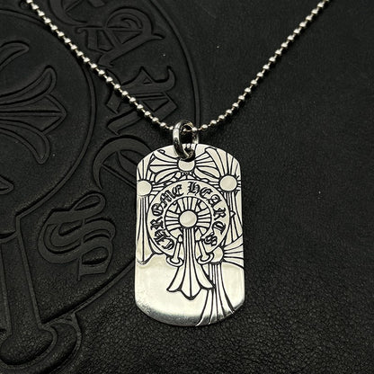 潮款泰銀復古火焰吊牌項鍊軍牌銘牌馬蹄印毛衣鏈配飾