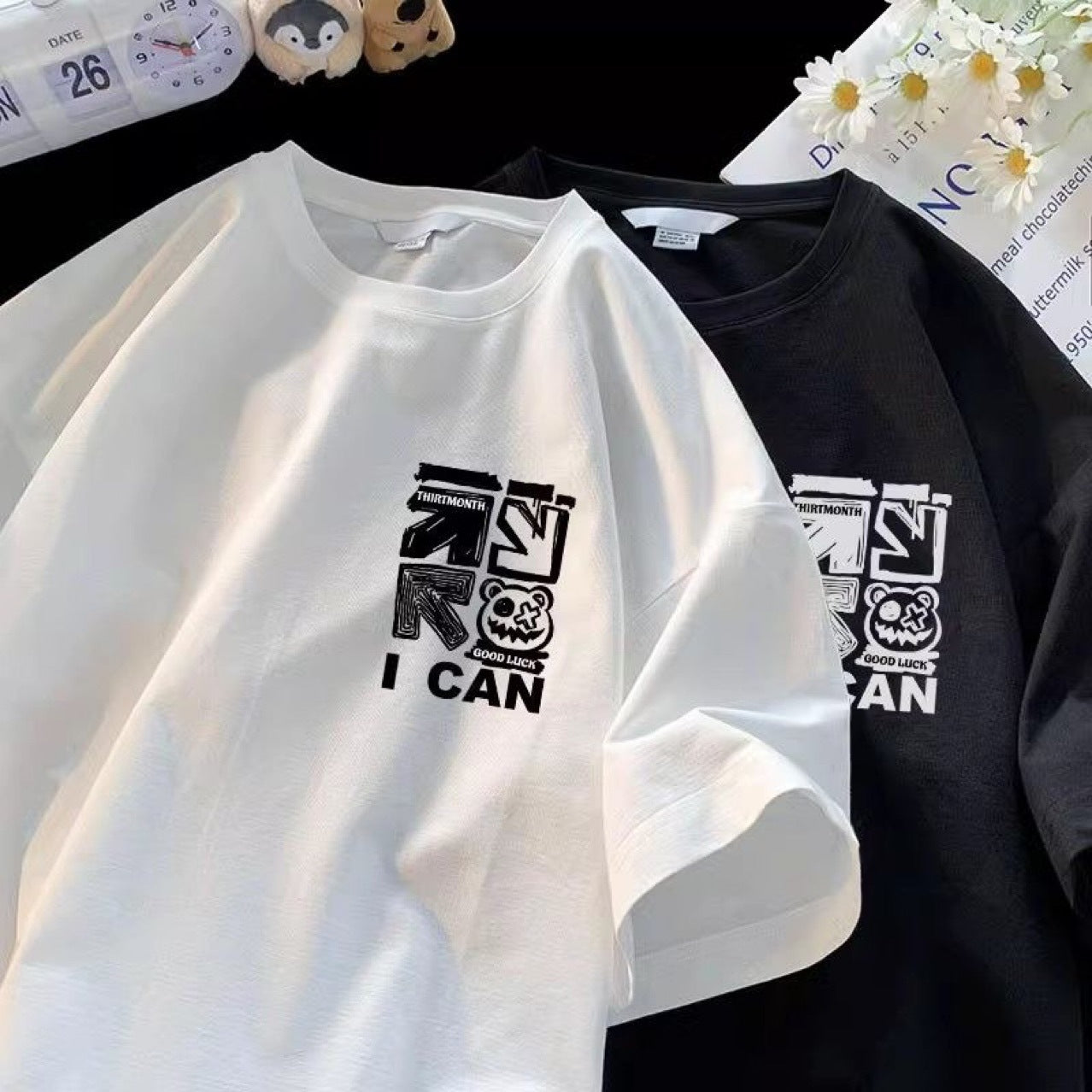 港風重磅夏季潮流塗鴉男士短袖T卹男女通用新款休閒設計百搭上衣