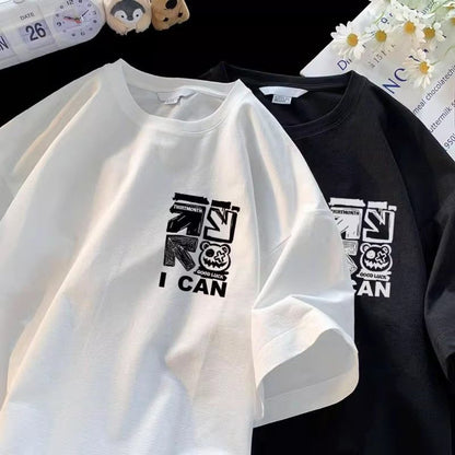 港風重磅夏季潮流塗鴉男士短袖T卹男女通用新款休閒設計百搭上衣