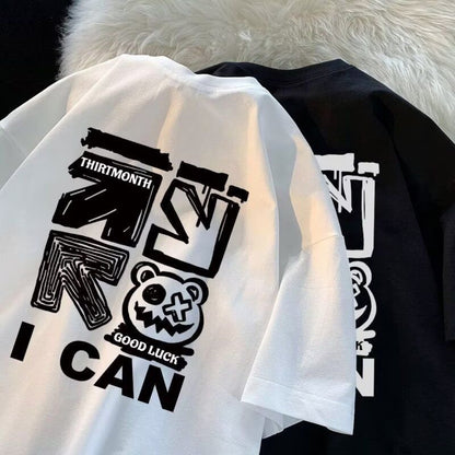 港風重磅夏季潮流塗鴉男士短袖T卹男女通用新款休閒設計百搭上衣