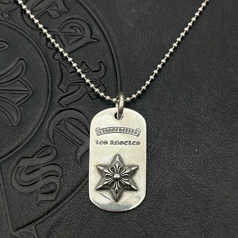 潮款泰銀復古吊牌六芒星項鍊銘牌軍牌藤蔓圖騰毛衣鏈