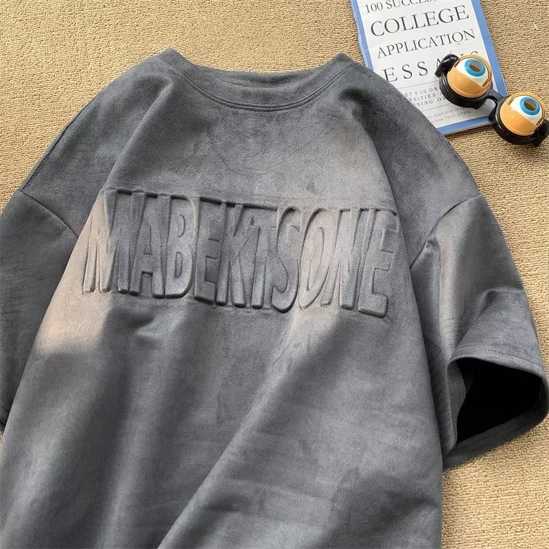 重磅麂皮絨t卹男短袖美式寬鬆壓印字母體卹夏季情侶潮牌半袖上衣